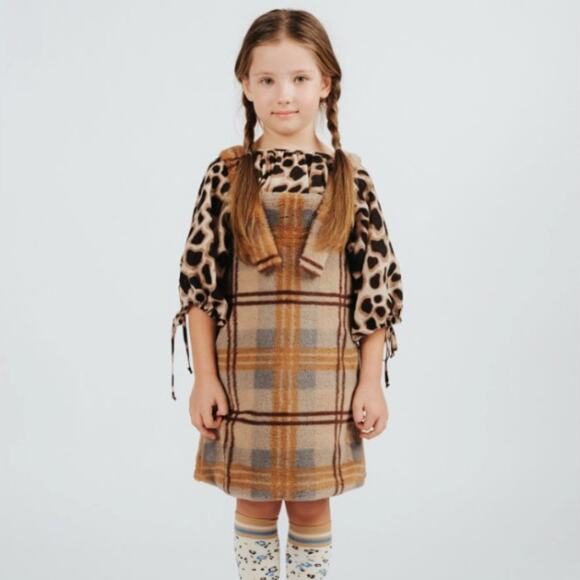 NWT Paade Mode Plaid Faux Fur Pinafore Overall Dress Olive Brown 8 Years - Picture 1 of 9